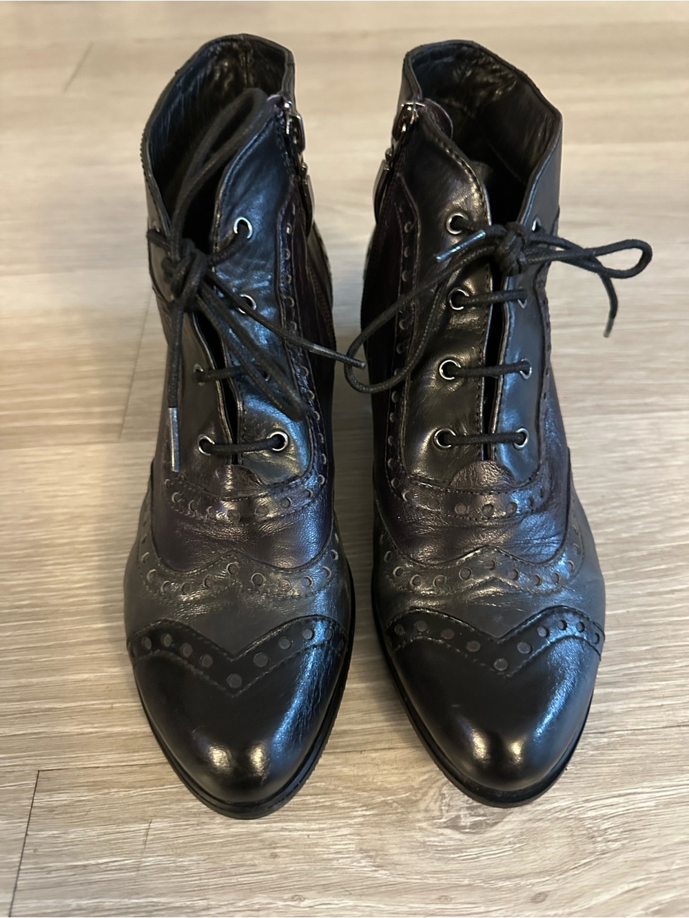 Spring Step Black Leather Brogue Lace-Up Ankle Booties